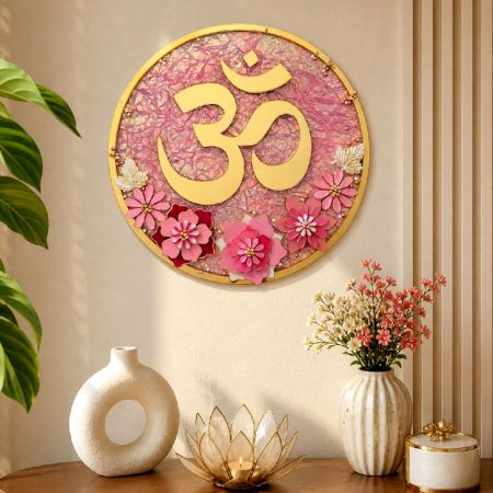 Handcrafted Om Resin Wall Decor with Acrylic Floral Art Round Plaque